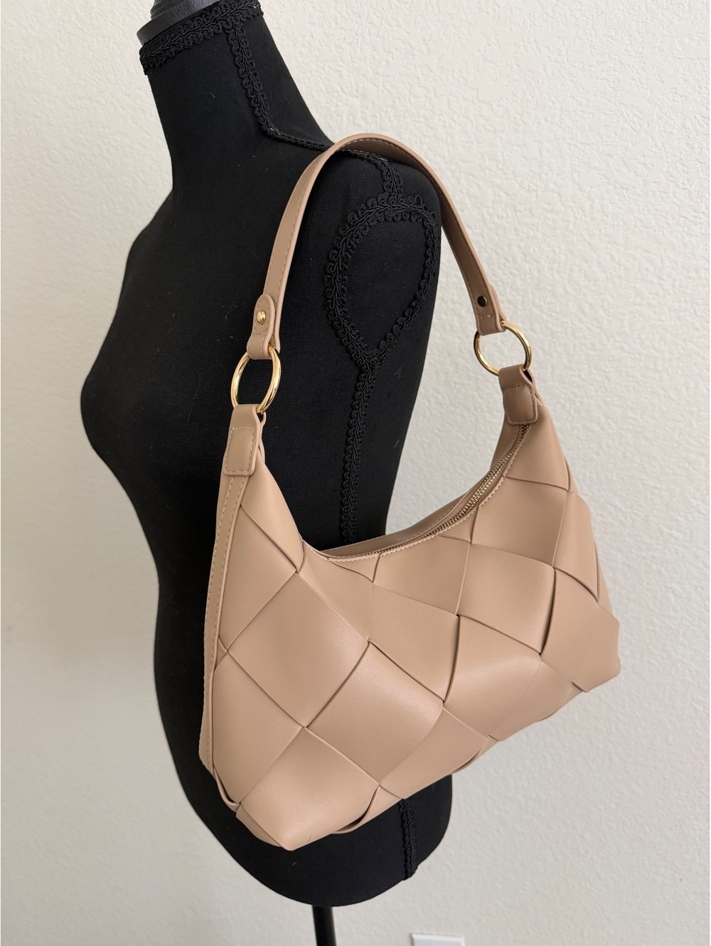 Woven Beige Shoulder Bag with Gold Hardware